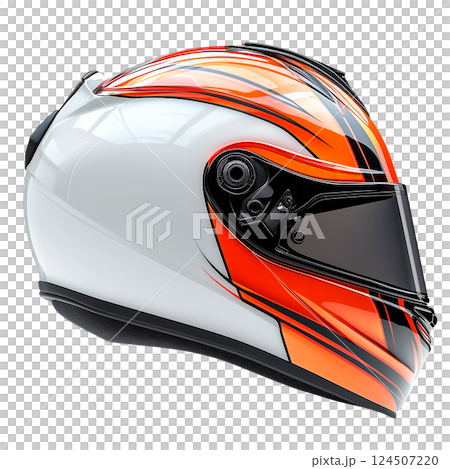 Motorcycle helmet with aerodynamic design, white and orange graphics, and tinted visor isolated on a transparent background. Modern protective gear for bikers, motorsports, and safety equipment. 124507220