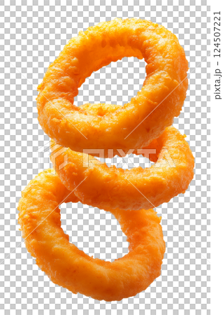 Crispy onion rings flying on a transparent background. Deep-fried snack rings, golden crunchy texture, flying fast food snack, isolated fried onions. 124507221