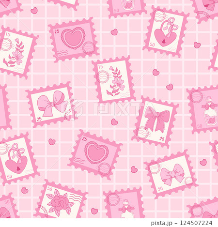 Pink Coquette Seamless Pattern. Romantic Postage Stamps with Ribbon Bow, Rose and Vintage Heart, Lock, Magic Potion on checkered background. Girly Vibe. Trendy aesthetic template. Vector illustration Pink Coquette Seamless Pattern. Romantic Postage Stamps with Ribbon Bow, Rose and Vintage Heart, Lock, Magic Potion on checkered background. Girly Vibe. Trendy aesthetic template. Vector illustration 124507224