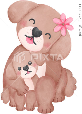 mother's day dog mom hugging baby cub in watercolor style showing love pet and animal family themes 124507234