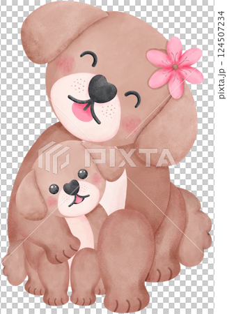mother's day dog mom hugging baby cub in watercolor style showing love pet and animal family themes 124507234