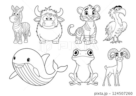 A collection of diverse animal cartoon outlines including zebra, yak, tiger, eagle, whale, frog, and ram in a simple illustration. 124507260