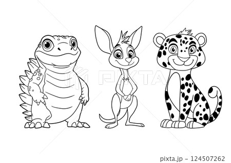 A charming black and white illustration featuring a smiling lizard, a kangaroo, and a cheetah, perfect for a coloring book page. 124507262