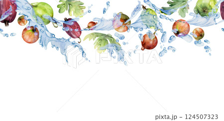 Gooseberry Currant flying with green leaves and dew drops in water splash, ripe summer garden berry hand drawn in watercolor. Isolated seamless banner for home preserves, stationery, menu, recipe book 124507323