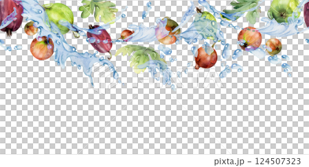 Gooseberry Currant flying with green leaves and dew drops in water splash, ripe summer garden berry hand drawn in watercolor. Isolated seamless banner for home preserves, stationery, menu, recipe book 124507323