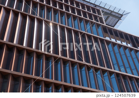 A modern building facade featuring a geometric pattern of vertical and diagonal metal fins, and glass windows 124507639