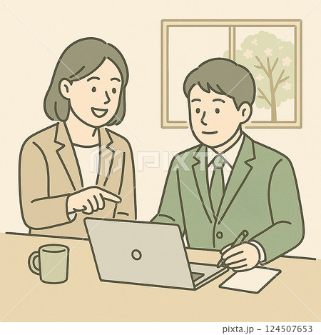 オフィスで話し合う男女ビジネスパーソンのイラスト｜説明・指導・ミーティング風景 124507653