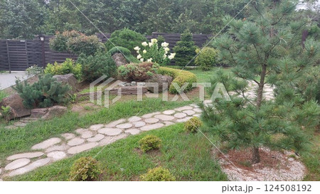 Japanese garden. Harmony in nature. Place of peace and quiet. Contemplation and meditation in a natural setting. 124508192