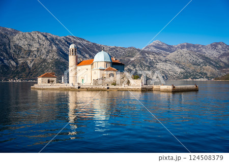 Church of Our Lady of the Rocks near Perast in Montenegro. Boka Kotor bay, Europe.  124508379