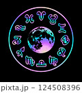 Round zodiac calendar with bright holographic symbols 124508396