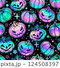 seamless pattern of halloween cartoon colorful pumpkins 124508397