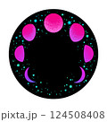 mystical round neon frame with moon phases 124508408