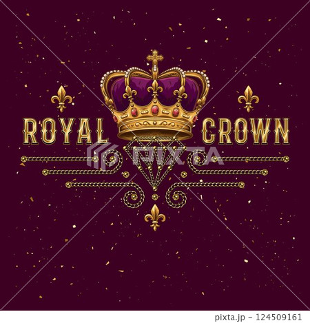 Horizontal label with imperial crown, fleur de lis sign, jewelry chains, text. Detailed composition in vintage style. Horizontal label with imperial crown, fleur de lis sign, jewelry chains, text. Detailed composition in vintage style. 124509161