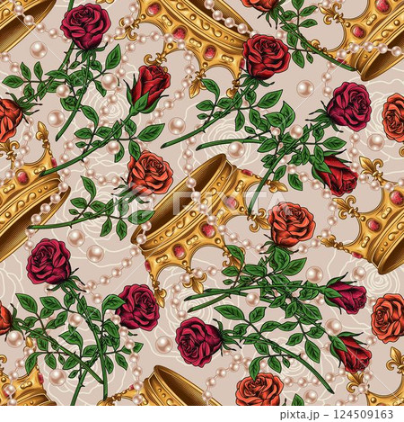 Seamless pattern with golden crown, scattered jewelry, pearl necklaces, red roses with stem. Chaotic scattered objects on light background. Luxury kitsch vintage style. Seamless pattern with golden crown, scattered jewelry, pearl necklaces, red roses with stem. Chaotic scattered objects on light background. Luxury kitsch vintage style. 124509163