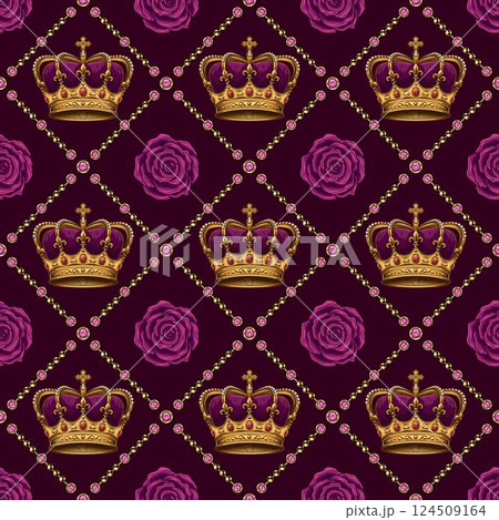 Diagonal cross line square grid pattern with imperial golden crown, rose flower, jewelry chains with pink gems. Seamless background. Vintage style. 124509164