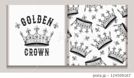 Vintage label, seamless pattern with medieval crown, fleur de lis sign. Detailed black and white illustrations on white background. Kitsch style. 124509167