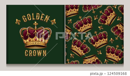 Vintage deluxe label, seamless pattern with imperial golden crown, fleur de lis sign. Detailed illustrations on dark green background. Kitsch style. Vintage deluxe label, seamless pattern with imperial golden crown, fleur de lis sign. Detailed illustrations on dark green background. Kitsch style. 124509168