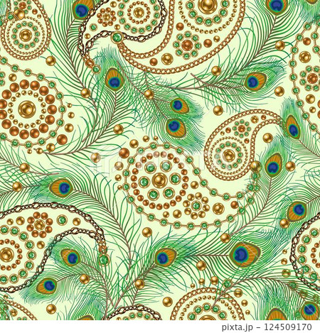 Seamless pattern with paisley jewelry motifs, fluffy peacock feathers in vintage style. Gold elements with green emerald gems. Scattered objects, random composition. White background 124509170
