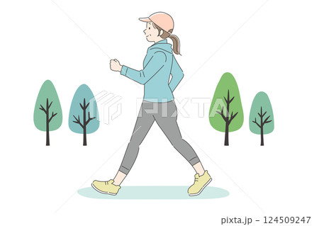 公園でウォーキングする中年女性のイラスト 公園でウォーキングする中年女性のイラスト 124509247