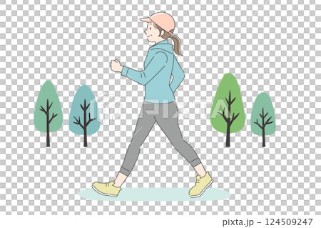 一位中年婦女在公園散步的插圖 124509247