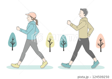 公園でウォーキングする中年の男女のイラスト 公園でウォーキングする中年の男女のイラスト 124509250