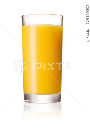 Glass of orange juice on white background 124509302