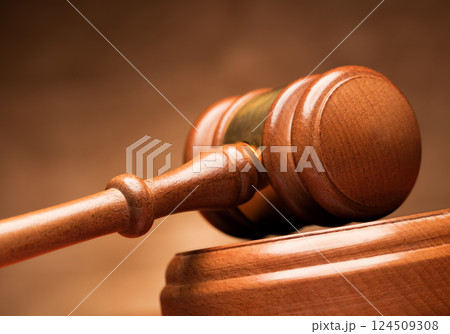 Wooden gavel on brown background 124509308