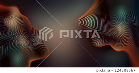 Two abstract human face profiles intertwine in a dynamic display, with wavy lines creating a captivating visual effect in a gradient background. Two abstract human face profiles intertwine in a dynamic display, with wavy lines creating a captivating visual effect in a gradient background. 124509567