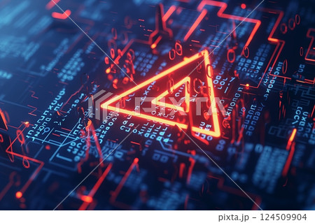 Red Warning Triangle on Digital Circuit Board, Technology Alert Concept 124509904
