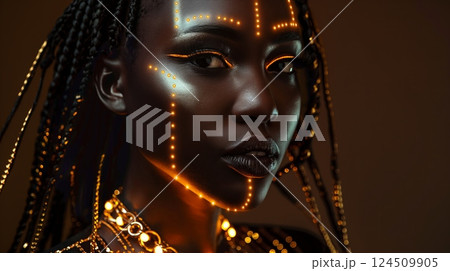 Woman with Neon Tribal Face Paint and Glowing Jewelry 124509905