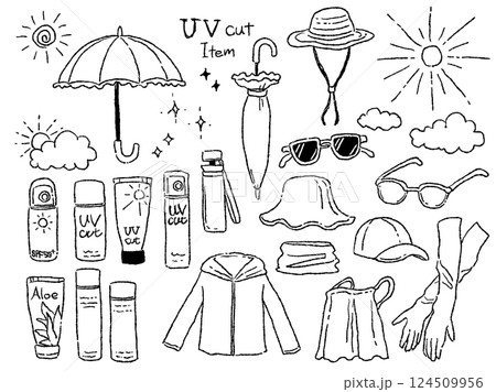 紫外線対策グッズのイラストセット(モノクロ線画) 紫外線対策グッズのイラストセット(モノクロ線画) 124509956