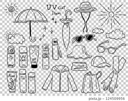 紫外線対策グッズのイラストセット(モノクロ線画) 紫外線対策グッズのイラストセット(モノクロ線画) 124509956