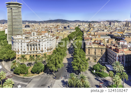 Aerial view of La Rambla pedestrian mall, Barcelona, Catalonia, Spain 124510247