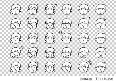 兒童面部表情圖示向量插圖喜悅、憤怒、悲傷、快樂、情緒 124510396