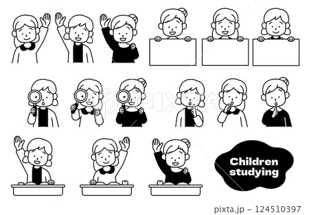 勉強する女の子のベクターイラストセット 子供 女子 女児 子ども 宿題 教育 学習 塾 小学生 授業 124510397
