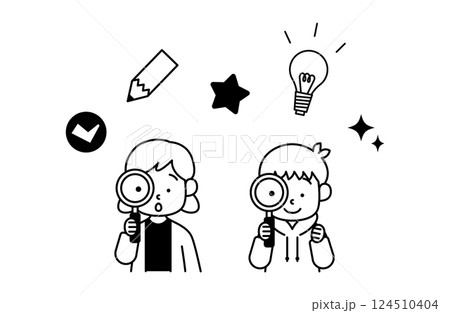 子供の好奇心のベクターイラスト 虫眼鏡 探求 発見 ひらめき アイデア 電球	 124510404