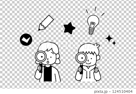 子供の好奇心のベクターイラスト 虫眼鏡 探求 発見 ひらめき アイデア 電球	 124510404