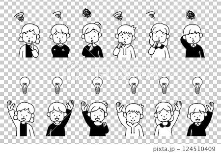 Vector illustration set of children who worry, think, solve, and discover. Boys, girls, inspiration, light bulb, mystery 124510409