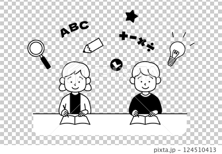 Vector illustration of a boy and girl studying. Children, arithmetic, English, inspiration, discovery, pencil, magnifying glass, light bulb Vector illustration of a boy and girl studying. Children, arithmetic, English, inspiration, discovery, pencil, magnifying glass, light bulb 124510413
