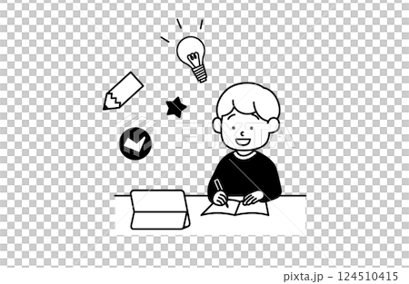 一個男孩在平板電腦上學習的向量插圖兒童靈感學習家庭作業線上課程 124510415