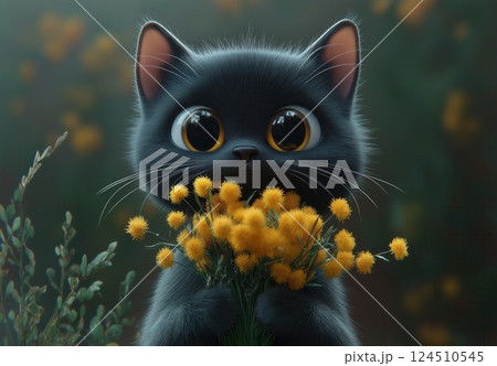 Cartoon 3d black cat holding a bouquet of mimosa. 124510545