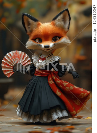 A cartoon fox dances a dance with a fan. A cartoon fox dances a dance with a fan. 124510547