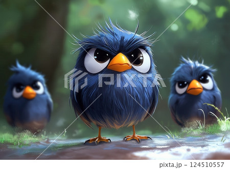 Cartoon angry bird with big eyes on blurred background. 124510557