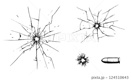 ガラスに撃ち込まれた銃痕と弾丸のイラストセット 124510643