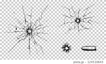 Illustration set of bullet holes and bullets shot into glass 124510643