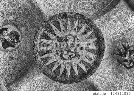 Ceiling with mosaic in Park Guell, Barcelona, Catalonia, Spain 124511056