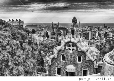 Scenic aerial view from Park Guell in Barcelona, Catalonia, Spain 124511057