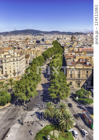 Aerial view of La Rambla pedestrian mall, Barcelona, Catalonia, Spain 124511061