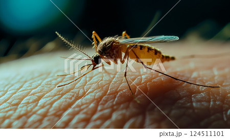 Mosquito on human skin. Zika virus concept. Mosquito on human skin. Zika virus concept. 124511101