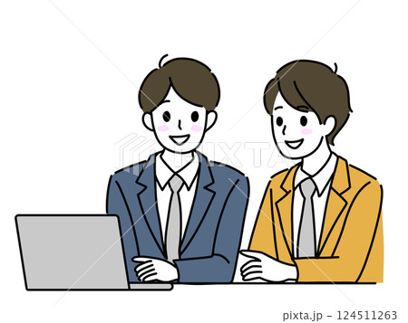 隣同士でパソコンを使って打ち合わせをするビジネスマン 124511263